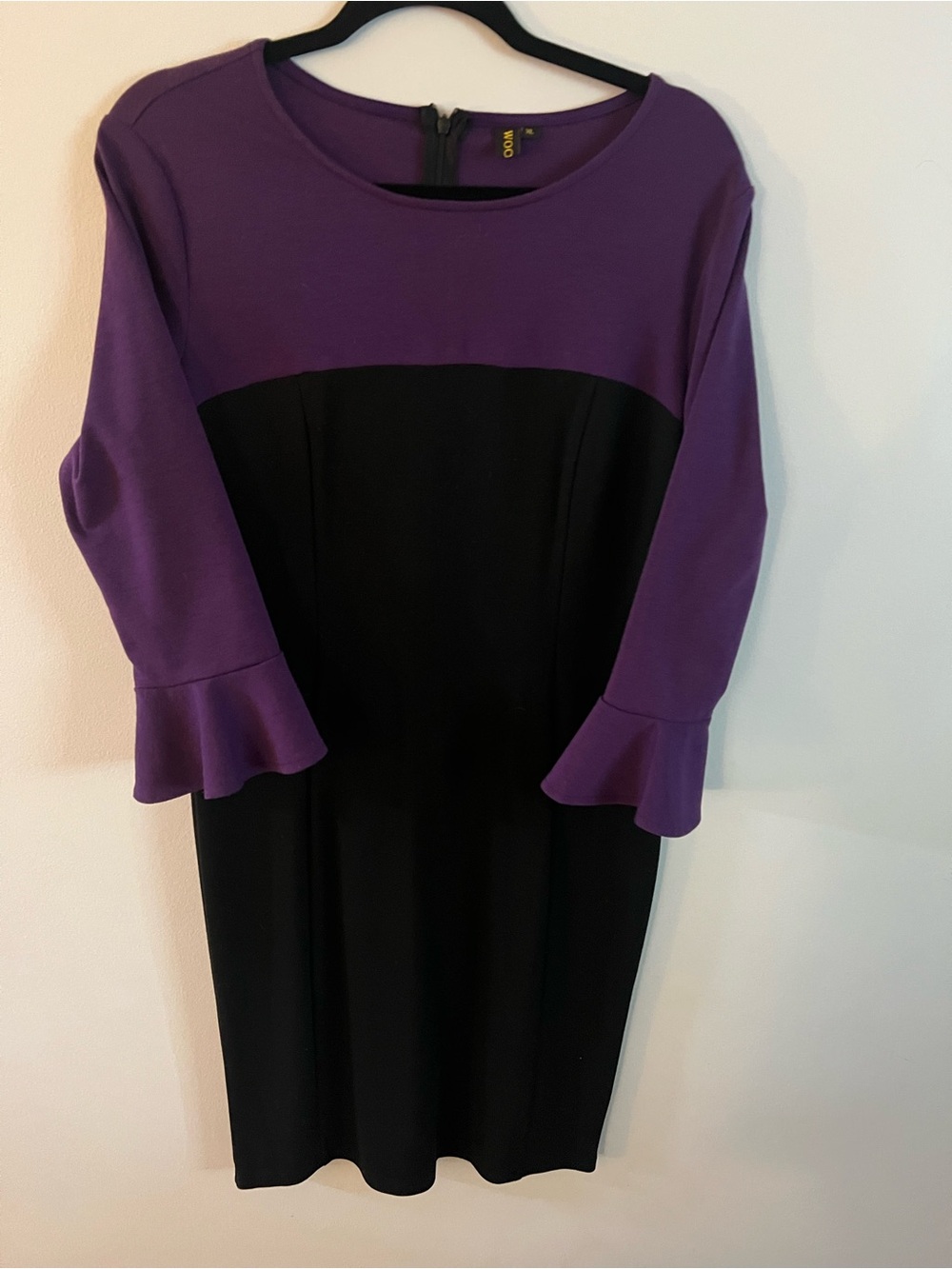 Purple and Black Colorblock Bell-Sleeve Sheath Dress